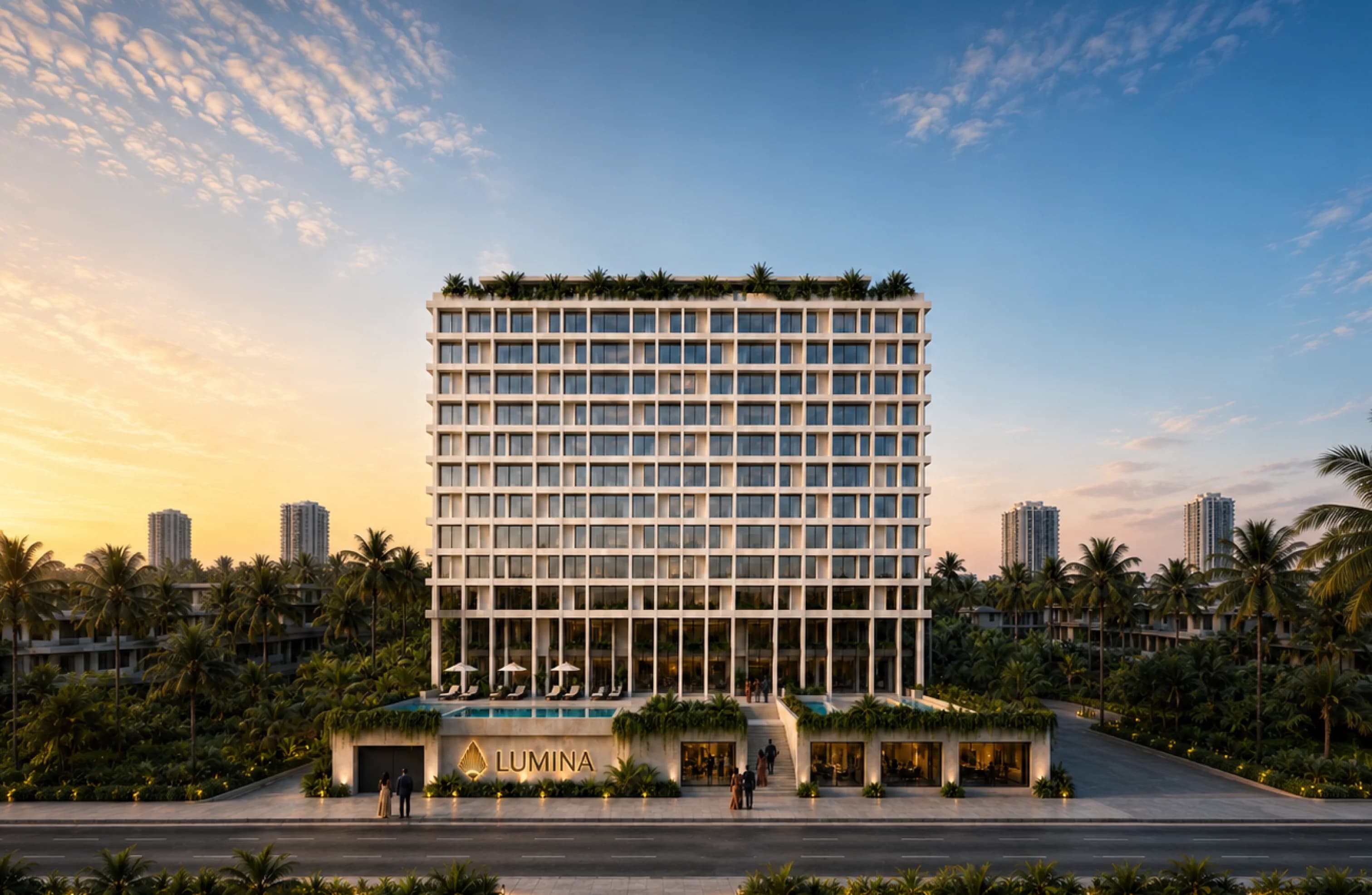 The LUMINA AT EKO building in golden-hour light