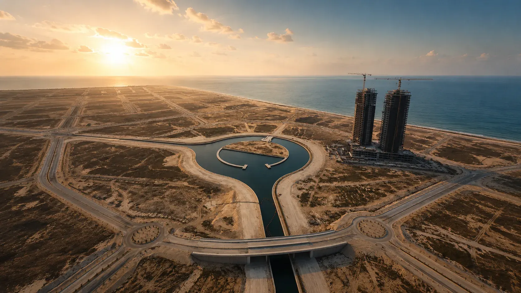 Aerial view of Eko Atlantic under construction, twin towers rising beside the marina at sunset