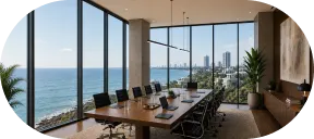 Co-working lounge with waterfront views